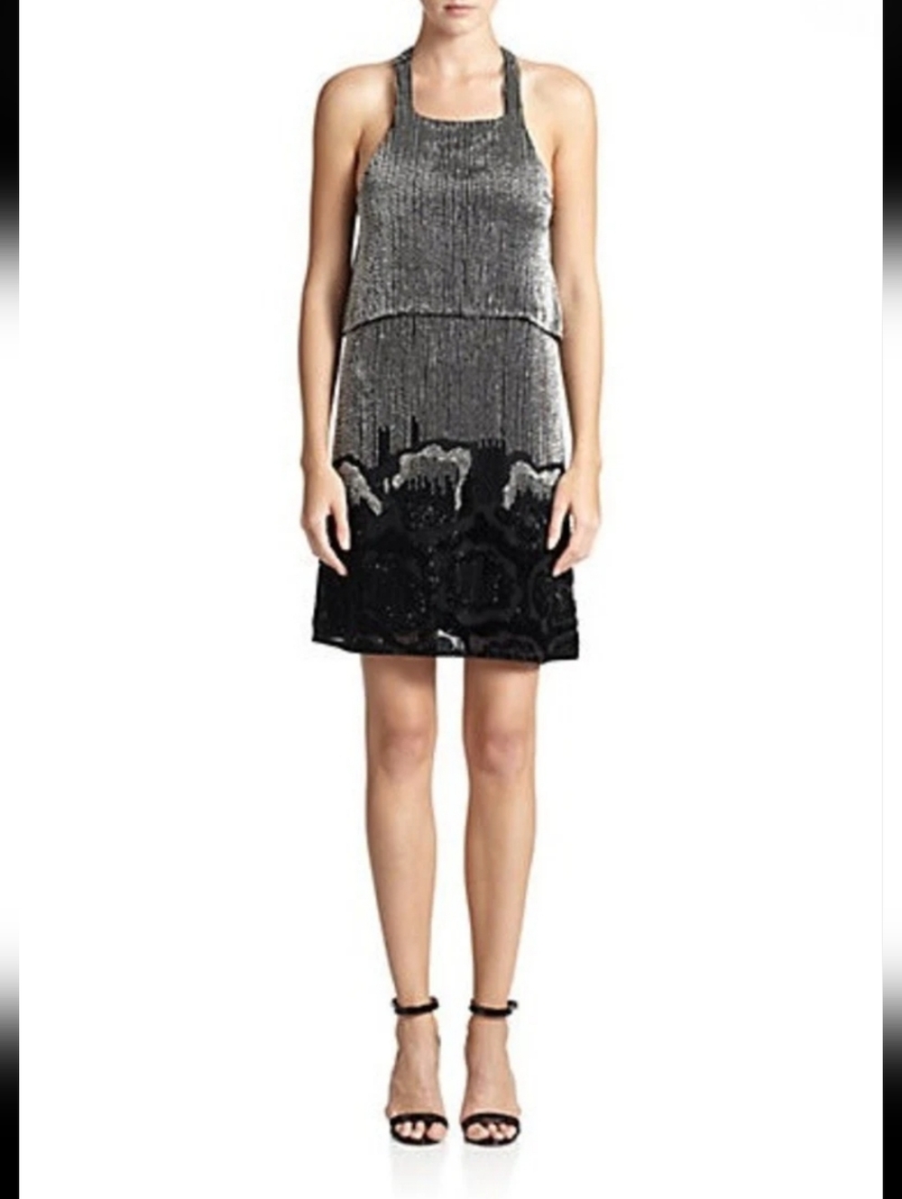 NWOT $550 Parker Silver/Black Reese Embellished Beaded Halter Cocktail Dress 6